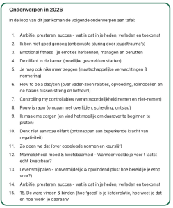 effe zitten gesprekonderwerpen 2026